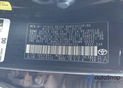 2016 Toyota Corolla Le Plus z USA, uszkodzony, nr VIN 5YFBURHE0GP484334